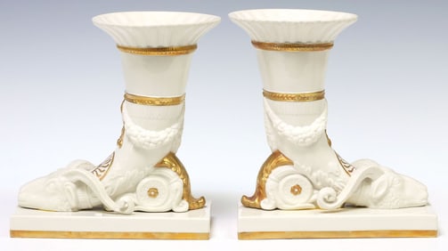 (2) ITALIAN PARCEL-GILT PORCELAIN RHYTON VASES