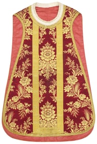 CONTINENTAL BURGUNDY & GOLD SILK DAMASK LITURGICAL CHASUBLE VESTMENT