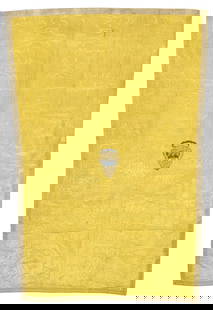 CONTINENTAL SILK ALTAR FRONTAL TEXTILE WITH ECCLESIASTICAL CREST: Continental liturgical altar frontal textile, yellow silk ground on beige fabric backing, central ecclesiastical crest with couched metallic thread embroidery, depicting three flowers above a wheel, b
