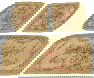 (3) FRENCH 19TH C. AUBUSSON TAPESTRY UPHOLSTERY FRAGMENTS: (lot of 3) French Aubusson tapestry upholstery fragments, 19th c., each depicting central floral urn, among foliate scrollwork and swags, all with raw edges, patched and stitched repairs throughout, i