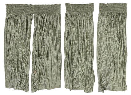 (3) TRAVERS 'BUMBLE BEE' CUSTOM SILK CURTAINS: (lot of 3) Custom silk damask curtain panels/ drapes, the fabric by Travers in the "Bumble Bee" pattern, "golden sage" colorway, each with criss-crossed pinch pleating, double-lined in white cotton an