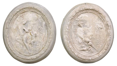 (2) LARGE NEOCLASSICAL STYLE CAST PLASTER OVAL RELIEF PLAQUES, 32" X 27"