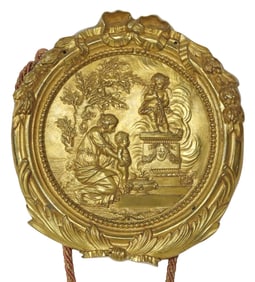 LARGE FRENCH LOUIS XVI STYLE GILT-BRONZE HANGING PLAQUE / MEDALLION & TASSEL