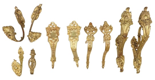 (10) COLLECTION OF VARIOUS ARCHITECTURAL GILT METAL CURTAIN TIE-BACKS
