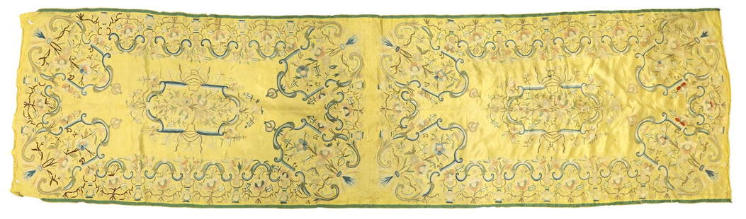 CHINESE 'FORBIDDEN STITCH' NEEDLEWORK-EMBROIDERED SILK TEXTILE: Chinese needlework altar cloth or textile fragment, embroidered with florals and scrolling foliates in the 'forbidden stitch' (Peking knot) technique, on yellow silk ground, some overall spotting, sma