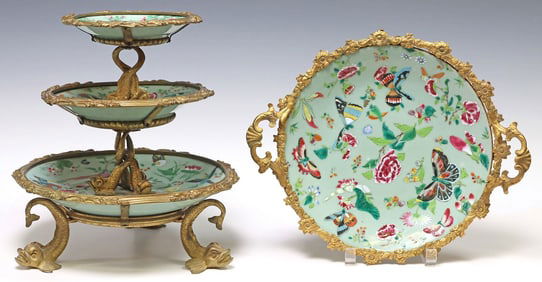 (2) CANTONESE GILT-METAL MOUNTED CELADON PORCELAIN CENTERPIECES