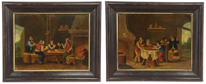 (2) DUTCH SCHOOL PANEL PAINTINGS PEASANTS PLAYING GAMES IN A TAVERN