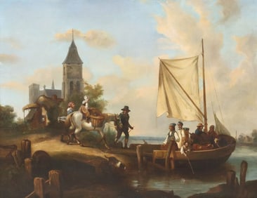 FRENCH SCHOOL OIL PAINTING RIVER LANDSCAPE WITH A FERRY
