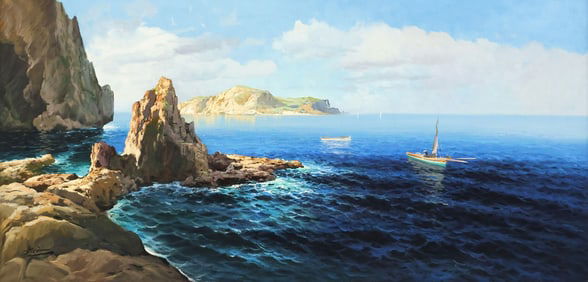 ITALIAN SCHOOL PAINTING OF THE AMALFI COAST, 23.5" X 47.25"