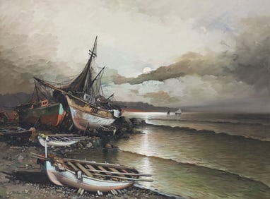 ITALIAN SCHOOL PAINTING FISHING BOATS MOORED ON BEACH