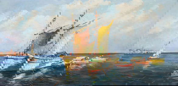 T.L. NOVARETTI (20TH C.) PAINTING, VENETIAN HARBOR SCENE, 23.5" X 47"