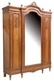 FRENCH LOUIS XVI STYLE MIRRORED PARQUETRY BREAKFRONT ARMOIRE