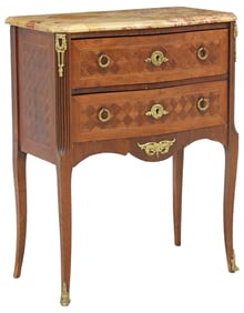 FRENCH TRANSITIONAL STYLE MARBLE-TOP PARQUETRY PETITE COMMODE