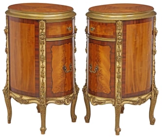 (2) LOUIS XV STYLE FLAME MAHOGANY & MARQUETRY OVAL BEDSIDE CABINETS