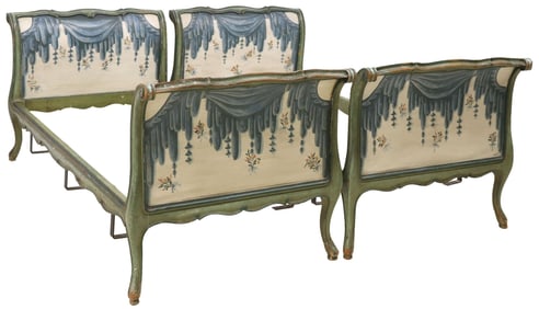 (2) VENETIAN LOUIS XV STYLE TROMPE D'OEIL DRAPERY PAINTED BEDS