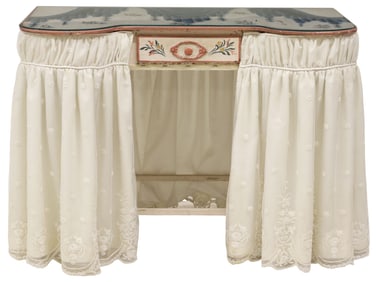 VENETIAN GLASS-TOP PAINTED & LACE-SKIRTED DRESSING TABLE