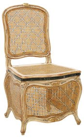 FRENCH LOUIS XV STYLE PARCEL-GILT & PAINTED CANED COMMODE CHAIR