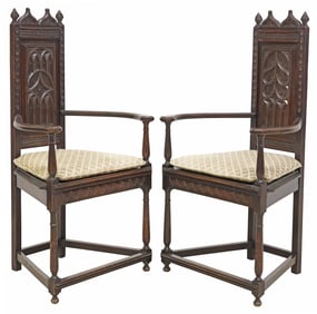 (2) GOTHIC REVIVAL CARVED OAK THRONE CHAIRS