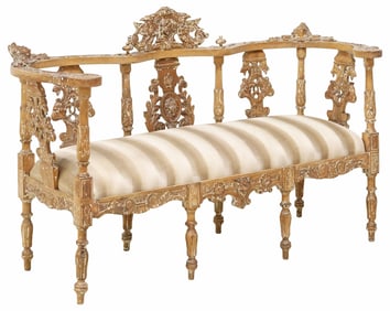 ORNATE ITALIAN RENAISSANCE REVIVAL CARVED & UPHOLSTERED SETTEE