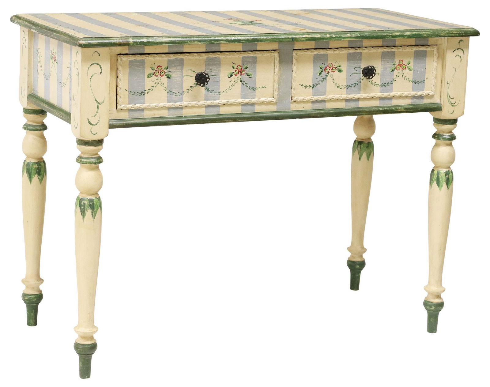 JANE KELTNER BRIGHTON PAVILION HAND-PAINTED WRITING TABLE: Victorian style writing table, Jane Keltner (American, 20th c.) for Brighton Pavilion, polychrome-decorated with Adam-style garlands against a blue-and-white striped ground, two frieze drawers, on tur