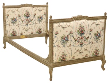 FRENCH TRANSITIONAL STYLE PAINTED & FLORAL-UPHOLSTERED BED