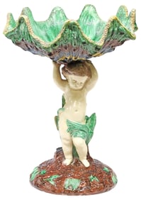 LARGE FRENCH POLYCHROME MAJOLICA PUTTI & SHELL COMPOTE