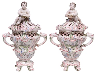 (2) FRENCH FAIENCE POTPOURRI VASES & COVERS