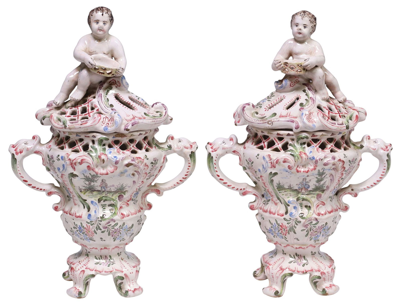 (2) FRENCH FAIENCE POTPOURRI VASES & COVERS (1 of 6)