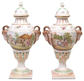 (2) CONTINENTAL POLYCHROME FAIENCE RAM'S HEAD COVERED URNS