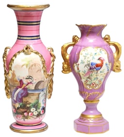 (2) FRENCH PARCEL-GILT & PAINTED PORCELAIN GARNITURE VASES