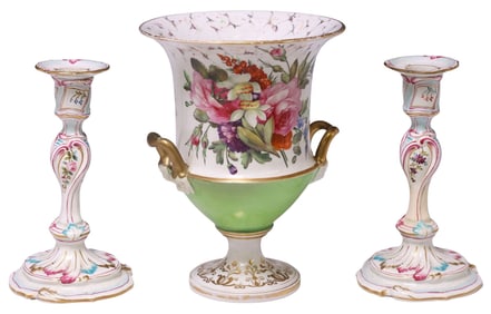 (3) FRENCH OLD PARIS STYLE PORCELAIN URN & LOUIS XV STYLE CANDLESTICKS