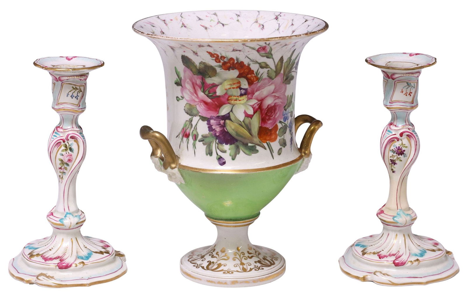 (3) FRENCH OLD PARIS STYLE PORCELAIN URN & LOUIS XV STYLE CANDLESTICKS (1 of 4)