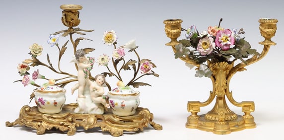 (2) FRENCH ORMOLU-MOUNTED PORCELAIN ENCRIER & 2-LT CANDELABRA