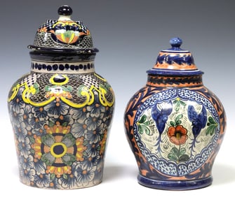 (2) TALAVERA POLYCHROME POTTERY COVERED URNS, MEXICO