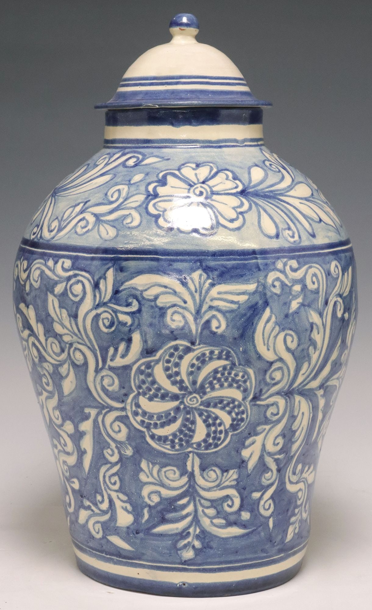 TALAVERA BLUE & WHITE TIN-GLAZED TERRACOTTA COVERED VASE, 19"H (1 of 4)