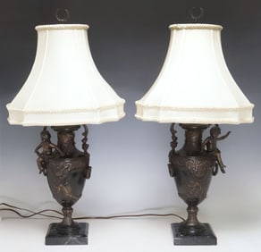 (2) NEOCLASSICAL STYLE PATINATED BRONZE VASIFORM 1-LT TABLE LAMPS