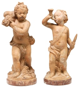 (2) FRENCH ROCOCO STYLE TERRACOTTA PUTTI FIGURES ON MARBLE BASES