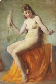 FRAMED OIL PAINTING ARTIST'S MODEL SPINNING WOOL