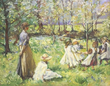 AFTER HAROLD HARVEY PAINTING CHILDREN PLAYING IN GARDEN