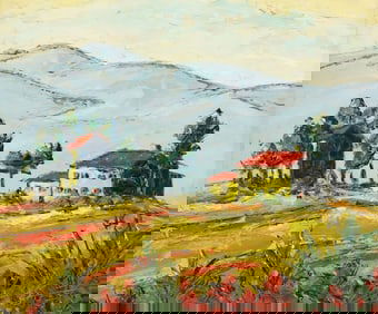 DECORATIVE FRAMED OIL PAINTING ITALIANATE LANDSCAPE