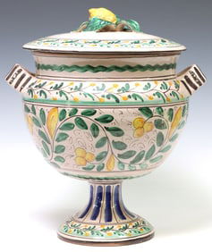 LARGE ITALIAN MAJOLICA POTTERY LEMON MOTIF PEDESTAL BOWL, 15"H