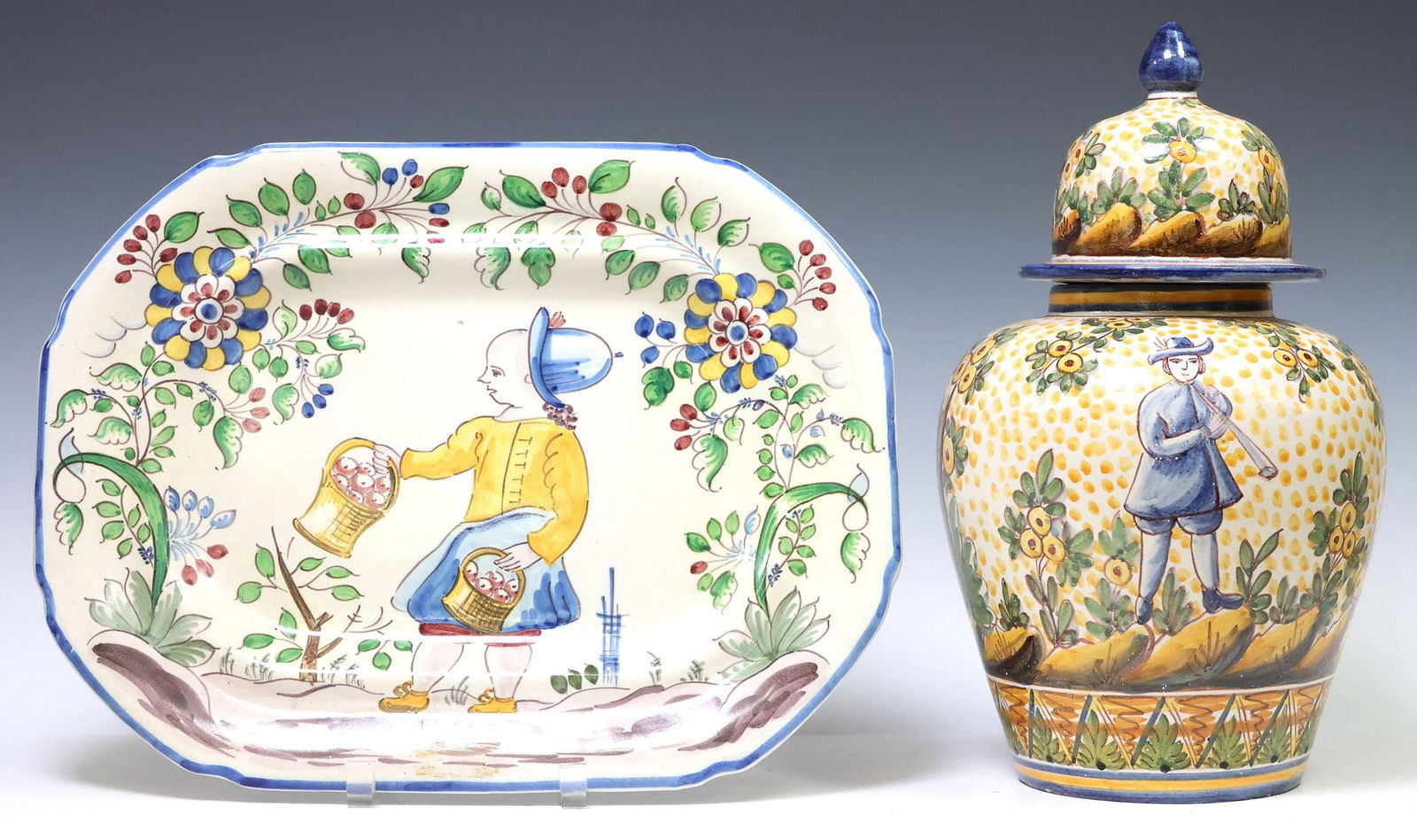 (2) LARGE PORTUGUESE MAJOLICA POTTERY FIGURAL DECORATED PLATTER & COVERED JAR (1 of 5)