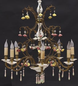 SPANISH GILT METAL & PAINTED PORCELAIN 8-LT CHANDELIER