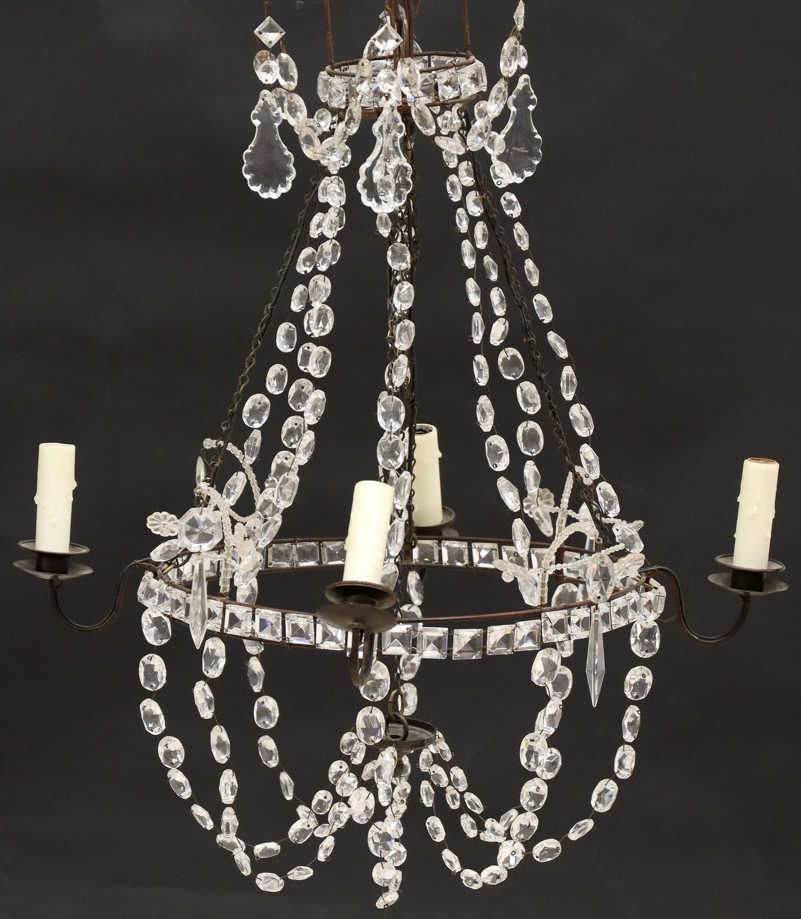 EMPIRE STYLE PATINATED METAL & CRYSTAL TIERED 4-LIGHT CHANDELIER (1 of 4)