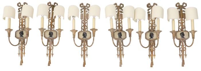 (6) LOUIS XVI STYLE GILT PAINTED PORTRAIT MOTIF 2-LIGHT WALL SCONCES