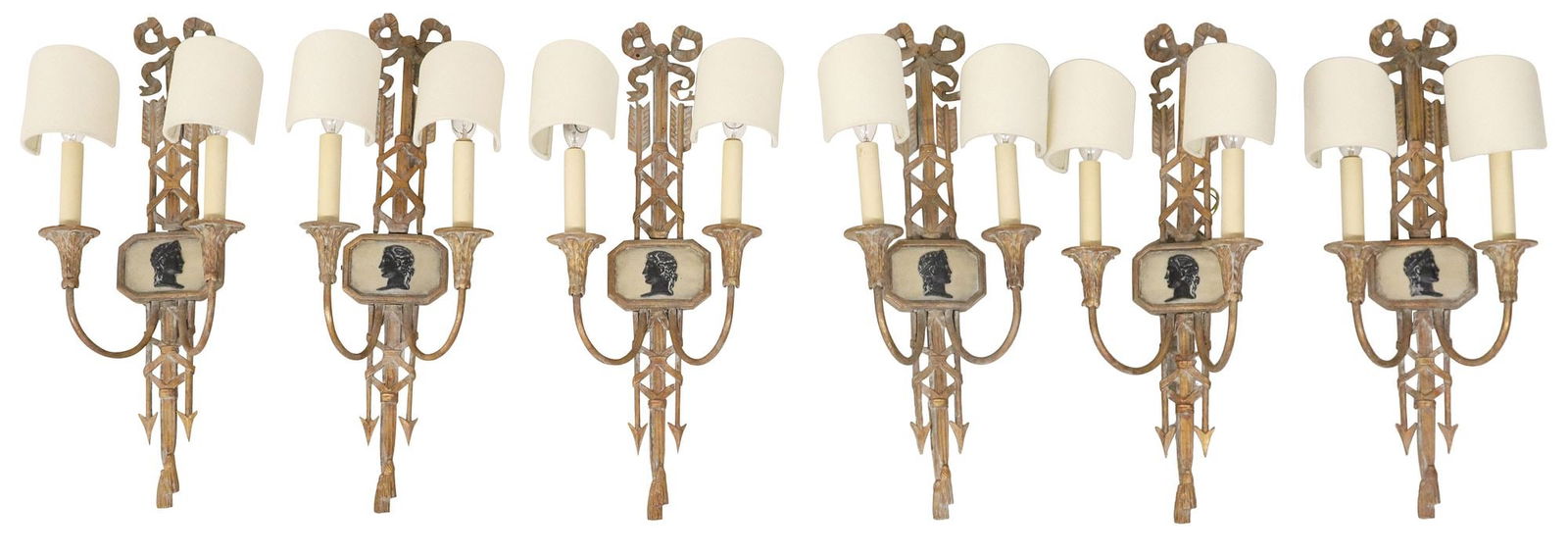 (6) LOUIS XVI STYLE GILT PAINTED PORTRAIT MOTIF 2-LIGHT WALL SCONCES (1 of 3)