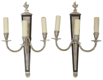 (2) LARGE EMPIRE STYLE CHROME METAL 3LT WALL SCONCES