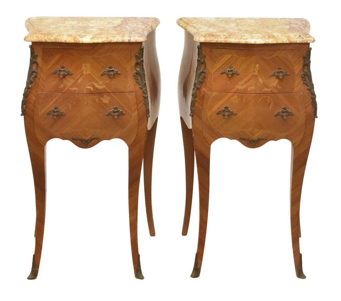 (2) LOUIS XV STYLE MARBLE-TOP MARQUETRY NIGHTSTANDS: (pair) French Louis XV style marble-top mahogany nightstands, early 20th c., each having shaped marble top, over matched veneer case, fitted with two drawers, marquetry to front, foliate mounts, on ca