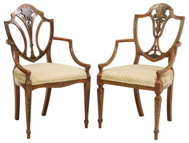(2) SHERATON STYLE PAINTED SATINWOOD ARMCHAIRS