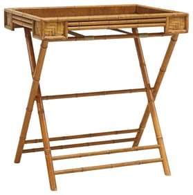 FAUX BAMBOO & WOVEN RATTAN FOLDING TRAY-TOP TABLE